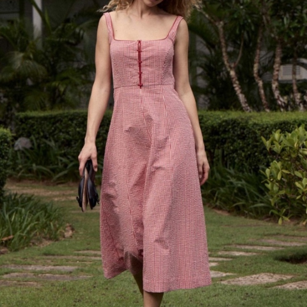 NWT CAROLINE CONSTAS Red Gingham Maxi Dress
